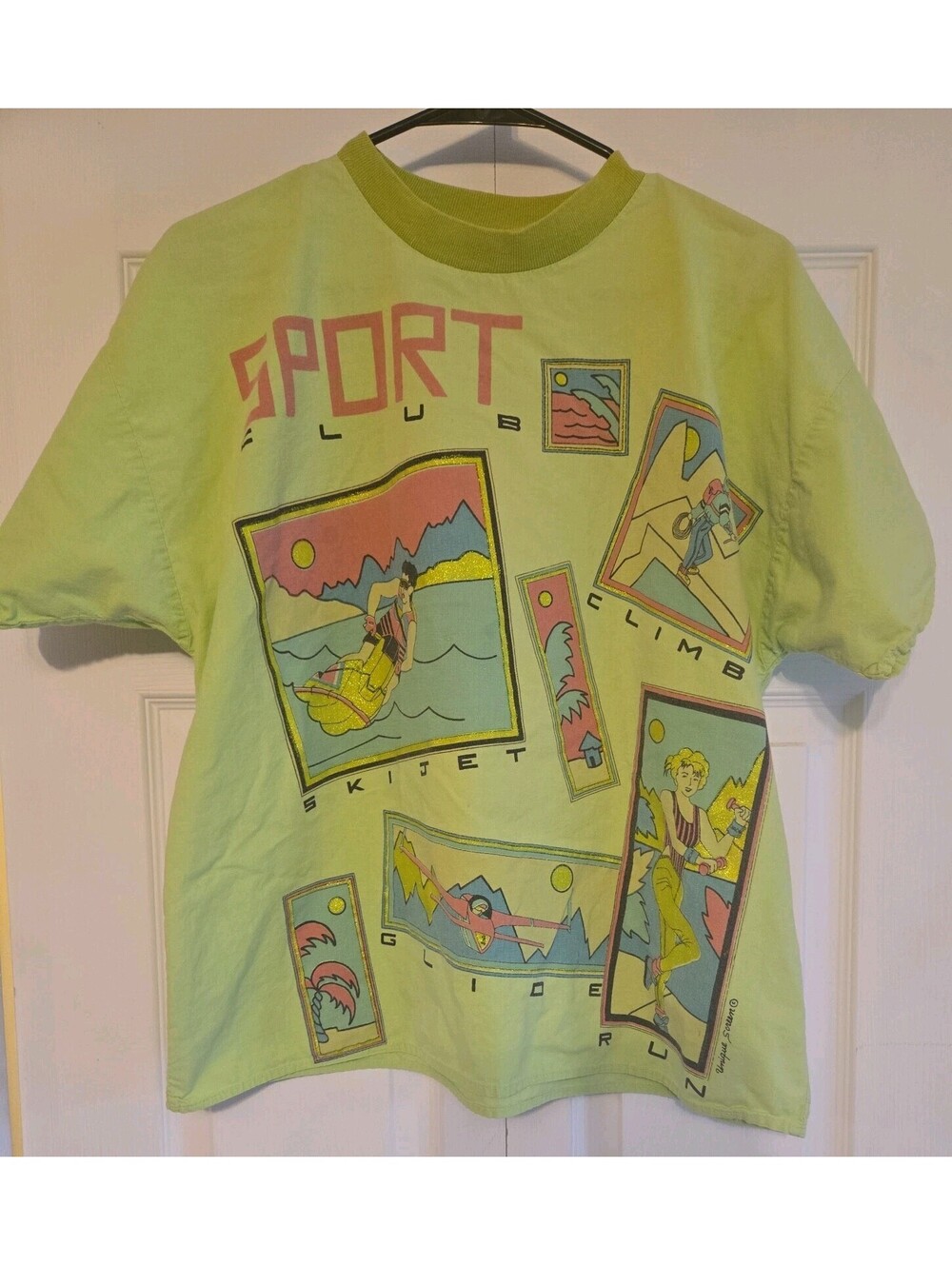 Vtg Unique Screen Graphic neon T Retro Sports Womens? Large? Signle Stitch